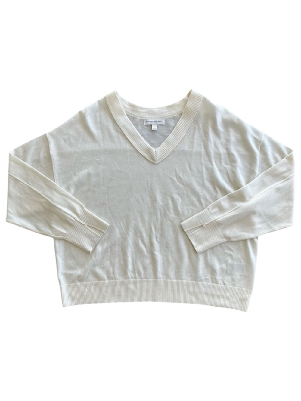 Banana Republic Extra-Fine Merino Wool Cream Beige V-Neck Sweater Size L